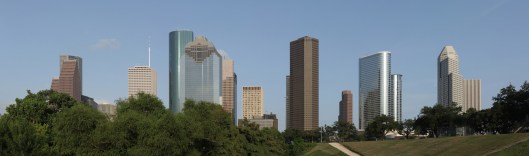 Skyline of downtown Houston from Sabine Park, Houston, Texas, July 15, 2010. (Jujutacular via Wikipedia). Permission granted via GNU Free Documentation License.