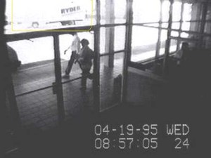 Ryder truck that Timothy McVeigh drove caught on camera minutes before explosion, Alfred Murrah Federal Building, Oklahoma City, April 19, 1995. (http://murderpedia.org/).
