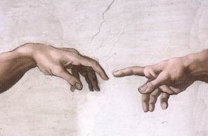 Hands of God & Adam, fingers about to touch, Sistine Chapel ceiling, Vatican, Michelangelo, 1508-1512 (via Wikipedia). In public domain.