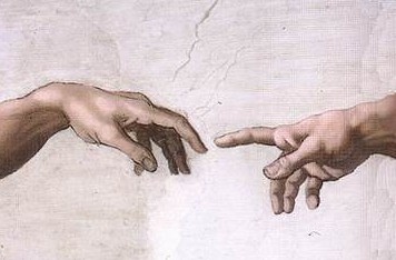 Hands of God & Adam, fingers about to touch, Sistine Chapel ceiling, Vatican, Michelangelo, 1508-1512 (via Wikipedia). In public domain.