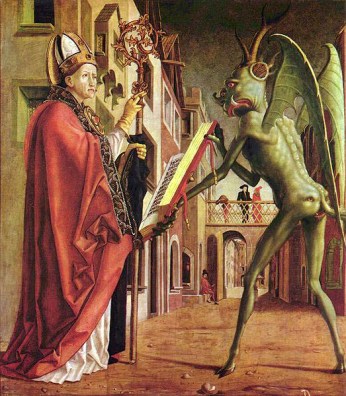 Saint Wolfgang and The Devil [Faustian Bargain], by Michael Pacher, ca. 1471-1475, Munich, Germany, February 19, 2009. (The Yorck Project via Wikipedia). In public domain.