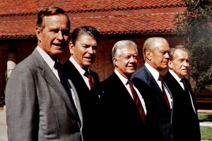 Photo of Presidents George H.W. Bush, Reagan, Carter, Ford and Nixon at the  Ronald Reagan Presidential Library dedication, Simi Valley, CA, November 4, 1991. (Anne Cusack/Los Angeles Times).