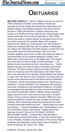 Harold Meltzer obituary (via Frank Pandolfo), January 9, 2003. (Westchester Journal News).