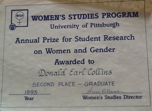 Pitt's Women's Studies Program Annual Prize for Student Research on Women and Gender, June 1993, March 27, 2013. (Donald Earl Collins).