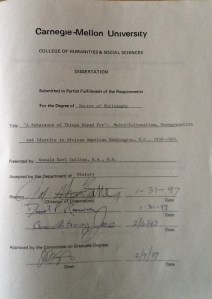 My dissertation's signature page, May 18, 2013. (Donald Earl Collins),