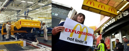 Collage of workers placing an F-Series bed onto frame at  Louisville Assembly Plant (Kentucky), 1973. (http://media.ford.com)and a woman carrying a sign past a McDonald's on East 125th Street during a protest by fast food workers and supporters, New York, NY, April 4, 2013. (Stan Honda/AFP/Getty Images via http//:financialpost.com).