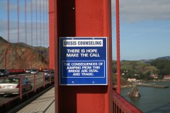 The suicide prevention message on the Golden Gate Bridge (the #1 bridge in the US to jump to one's death), San Francisco CA, February 19, 2006. (David Corby/Miskatonic via Wikipedia). Released to public domain via Creative Commons.