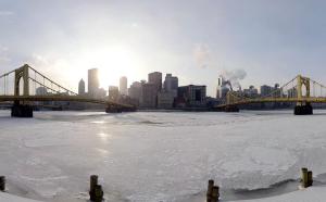 Frozen Pittsburgh, panoramic three rivers shot,  January 7, 2014. (Steve Mellon, http://www.post-gazette.com).