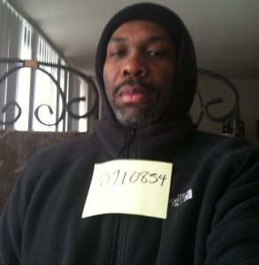 Me with hood get-up I wore last week with son in tow (numbers added), March 4, 2014. (Donald Earl Collins).