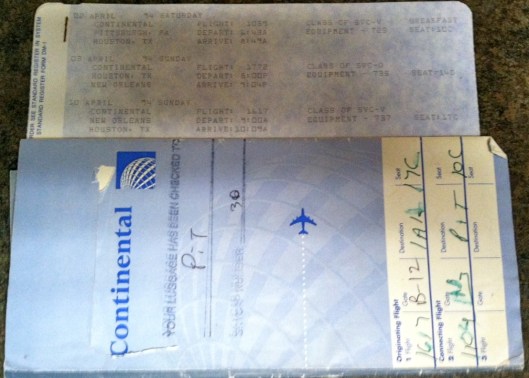 Continental Airlines ticket stubs/itinerary, Pittsburgh to New Orleans (with Houston layover), April 2-10, 1994. (Donald Earl Collins).