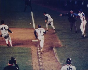 The Mookie Wilson-Bill Buckner connection, Game 6, 1986 World Series, Bottom 10th, Shea Stadium, Queens, NY, October 25, 1986. (http://halloffamememorabilia.net). 