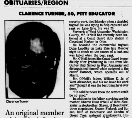Clarence "Rollo" Turner, in Obituaries section, Pittsburgh Post-Gazette, September 24, 1993. (http://news.google.com).