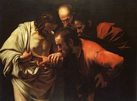 The Incredulity of Saint Thomas, by Caravaggio, c. 1601-02, uploaded April 13, 2005. (Dante Alighieri via Wikipedia). In public domain.