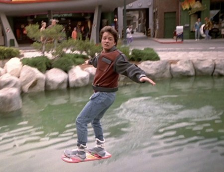 Michael J. Fox as Marty McFly on a hoverboard in 2015 in Back To The Future Part II (1989), screen shot, January 1, 2015. (http://youtube.com).