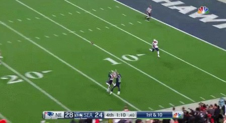 Seattle Seahawks' Jerome Kearse making great catch off tipped ball while on the ground on final drive of Super Bowl XLIV, Tucson, AZ, February 2, 2015. (http://reddit.com).