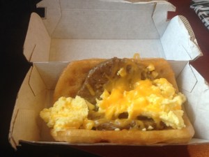 Taco Bell's Waffle Taco w/ syrup, sausage, eggs and cheese, March 27, 2014. (http://vice.com).