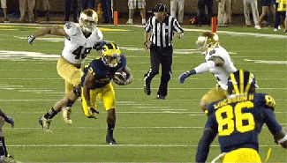 Michigan WR Jeremy Gallon's spin move gif on way to a 61-yd TD against Notre Dame, Ann Arbor, MI, September 7, 2013. (http://thebiglead.com/).