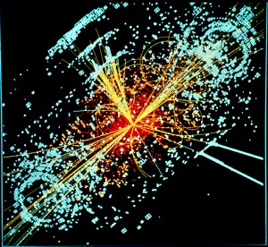  An example of simulated data modeled for the CMS particle detector on the Large Hadron Collider (LHC) at CERN. (where collision of two protons would produce a Higgs boson particle and release energy, in blue), October 1997. (Lucas Taylor/CERN via Wikipedia). Released to public domain via CC-SA-3.0.
