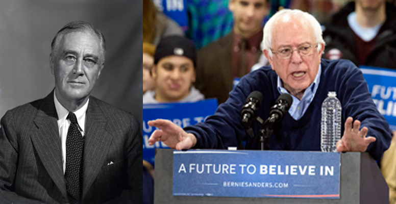 Combination/crop of original black & white transparency of FDR taken at 1944 Official Campaign Portrait session, Hyde Park, NY, August 21, 1944 (Leon A. Perskie via Wikipedia; CC-SA-3.0 release to public domain); Presidential candidate Sen. Bernie Sanders, campaign rally, Franklin Pierce University Fieldhouse, Rindge, NH, February 6, 2016. (AP Photo/John Minchillo via Salon.com).
