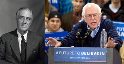 Combination/crop of original black & white transparency of FDR taken at 1944 Official Campaign Portrait session, Hyde Park, NY, August 21, 1944 (Leon A. Perskie via Wikipedia; CC-SA-3.0 release to public domain); Presidential candidate Sen. Bernie Sanders, campaign rally, Franklin Pierce University Fieldhouse, Rindge, NH, February 6, 2016. (AP Photo/John Minchillo via Salon.com).