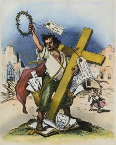 Grant Hamilton cartoon for Judge Magazine on William Jennings Bryan's "Cross of Gold" speech, Democratic National Convention, Chicago, July 9, 1896. (Wikipedia). In public domain.
