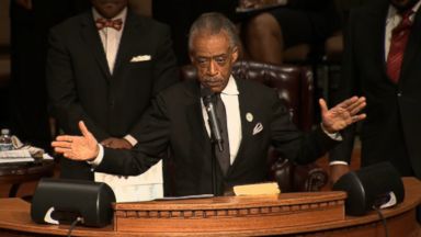 Rev. Al Sharpton delivering eulogy at Michael Brown funeral, 