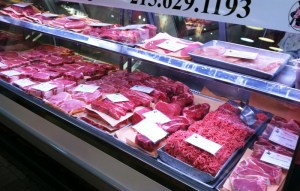 Cuts of beef, lamb, and pork (plus ground beef), Martin's Quality Meats & Sausages, Reading Terminal Market, Philadelphia, PA, March 2013. (http://hobbiesonabudget).