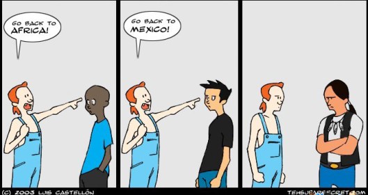 Go Back to Africa! Go Back to Mexico! cartoon, 2003. (Luis Castellon; http://google.com).