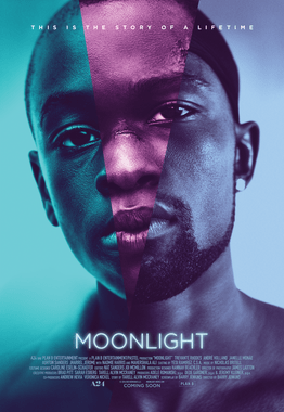 Moonlight (2016) poster, October 2016. (Film Fan via Wikipedia; orig. A24). Qualifies as fair use under US copyright law as illustration of subject/review of film.